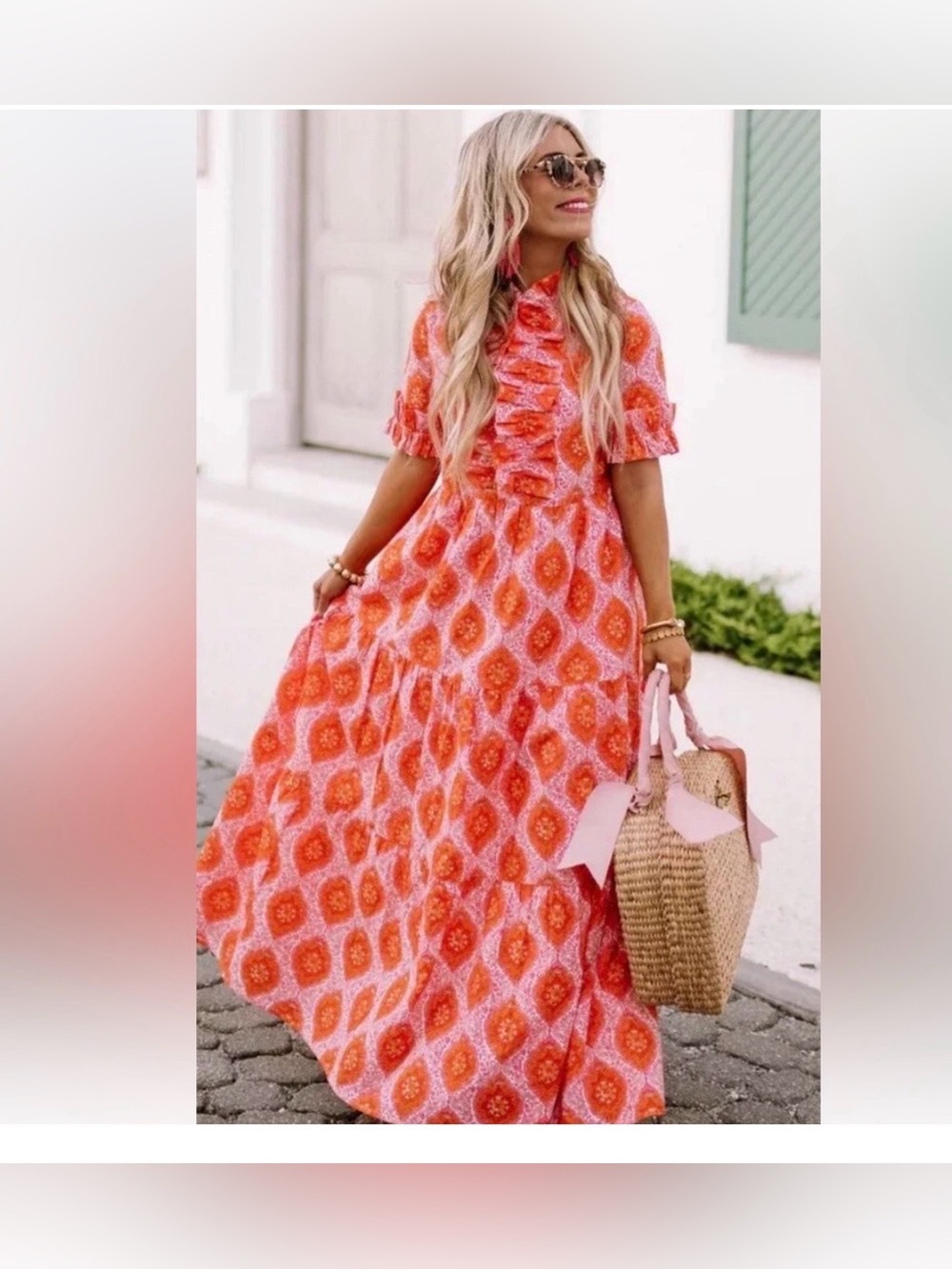Elizabeth Wilson Pink and Orange Ruffle Maxi Dress with Tie Waist XXL